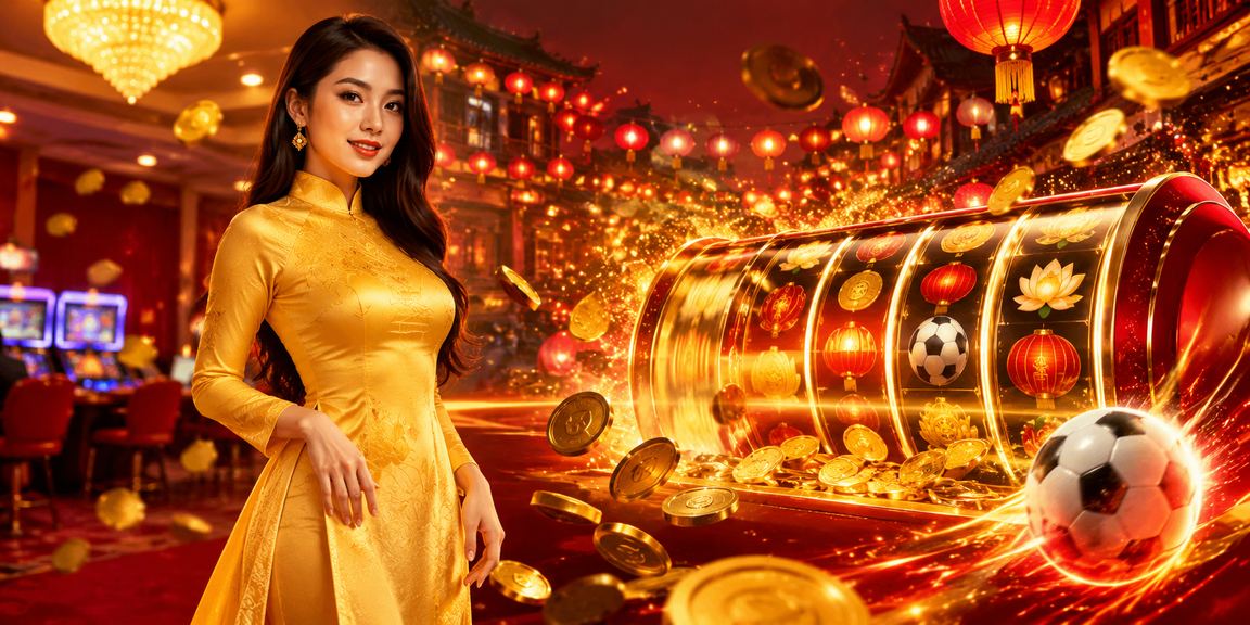 Cô gái mặc áo dài tại Hội An trải nghiệm slot game trực tuyến trên điện thoại